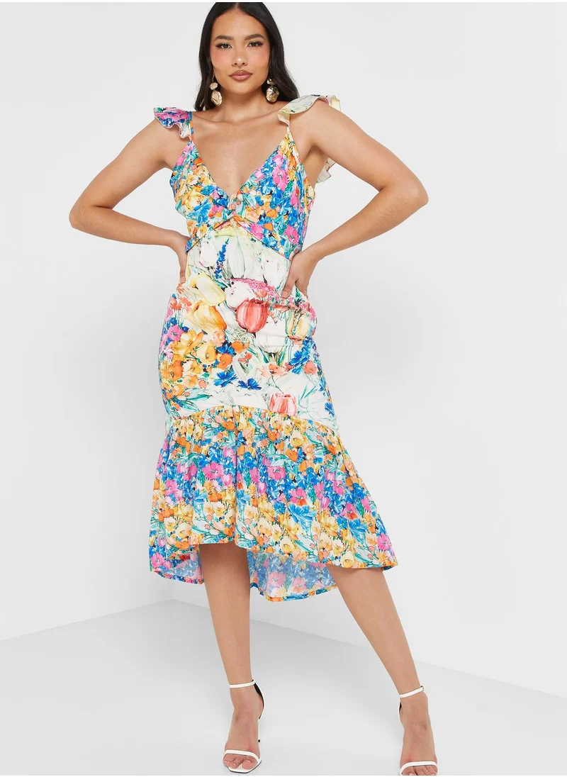 Hope & Ivy Plunge Neck Printed Ruffle Dress