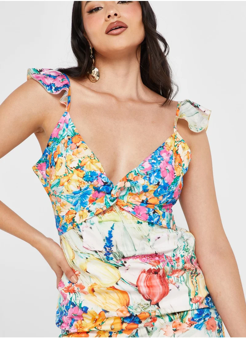 Hope & Ivy Plunge Neck Printed Ruffle Dress