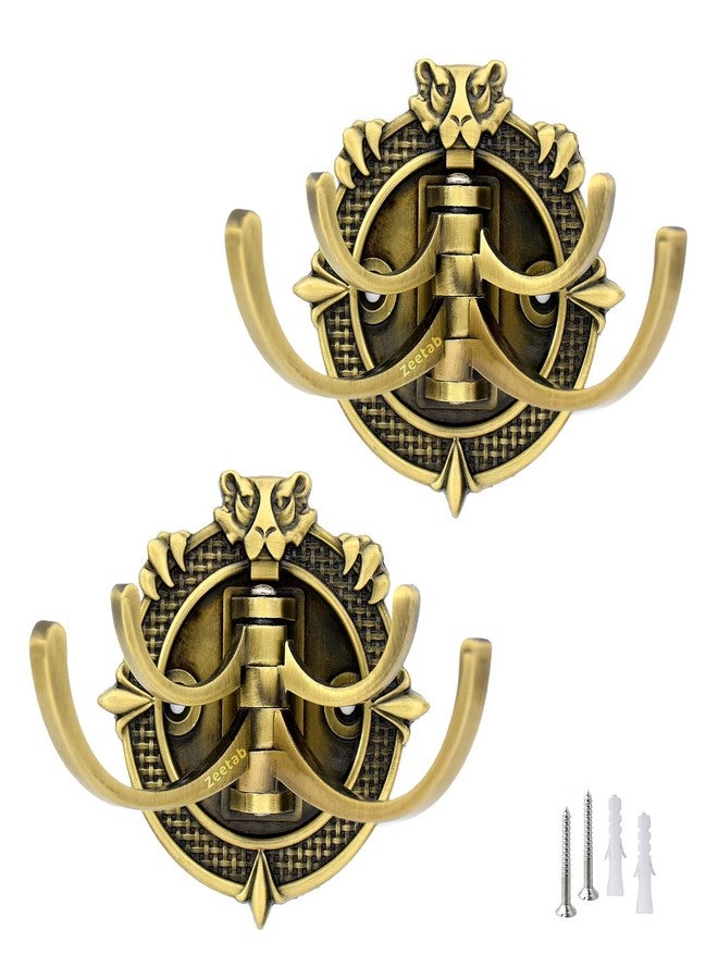 Zeetab Adjustable Cloth Hanger with 4 Hook | Royal Wall Mount Brass Key Holder | Antique Metal Rail & Robe for Bathroom Towel (Pack of 2, Lion Antique)