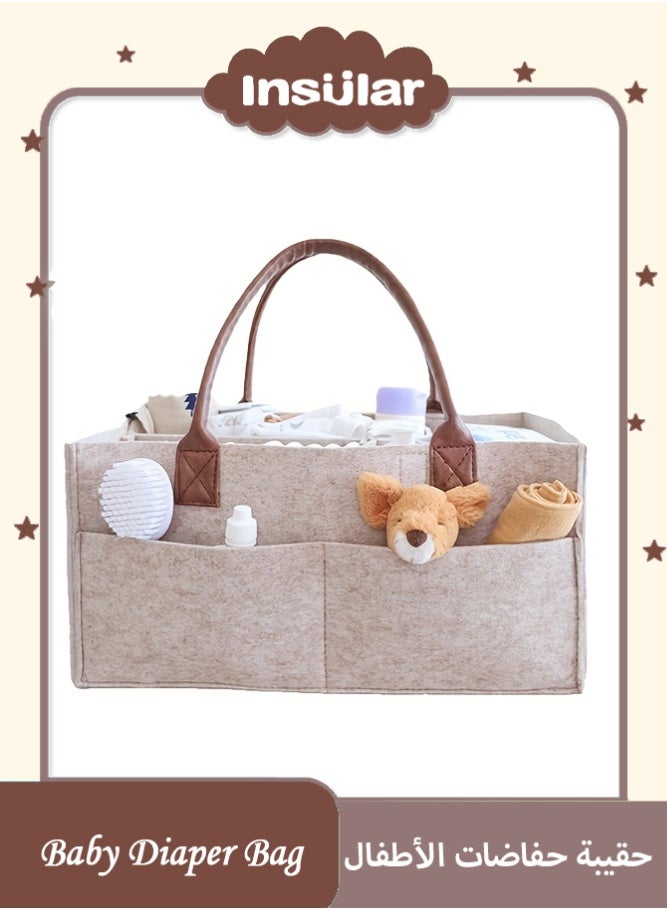 insular Large Capacity Felt Diaper Bag, 38×25×18cm Foldable Mommy Bag with Compartment Dividers, Thick Felt Baby Storage Organizer for Travel, Nursery & Daily Outings (Khaki） - Image 1