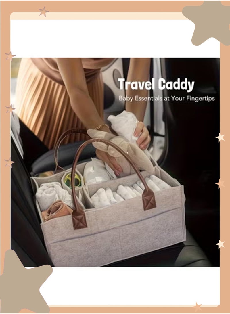 insular Large Capacity Felt Diaper Bag, 38×25×18cm Foldable Mommy Bag with Compartment Dividers, Thick Felt Baby Storage Organizer for Travel, Nursery & Daily Outings (Khaki） - Image 3