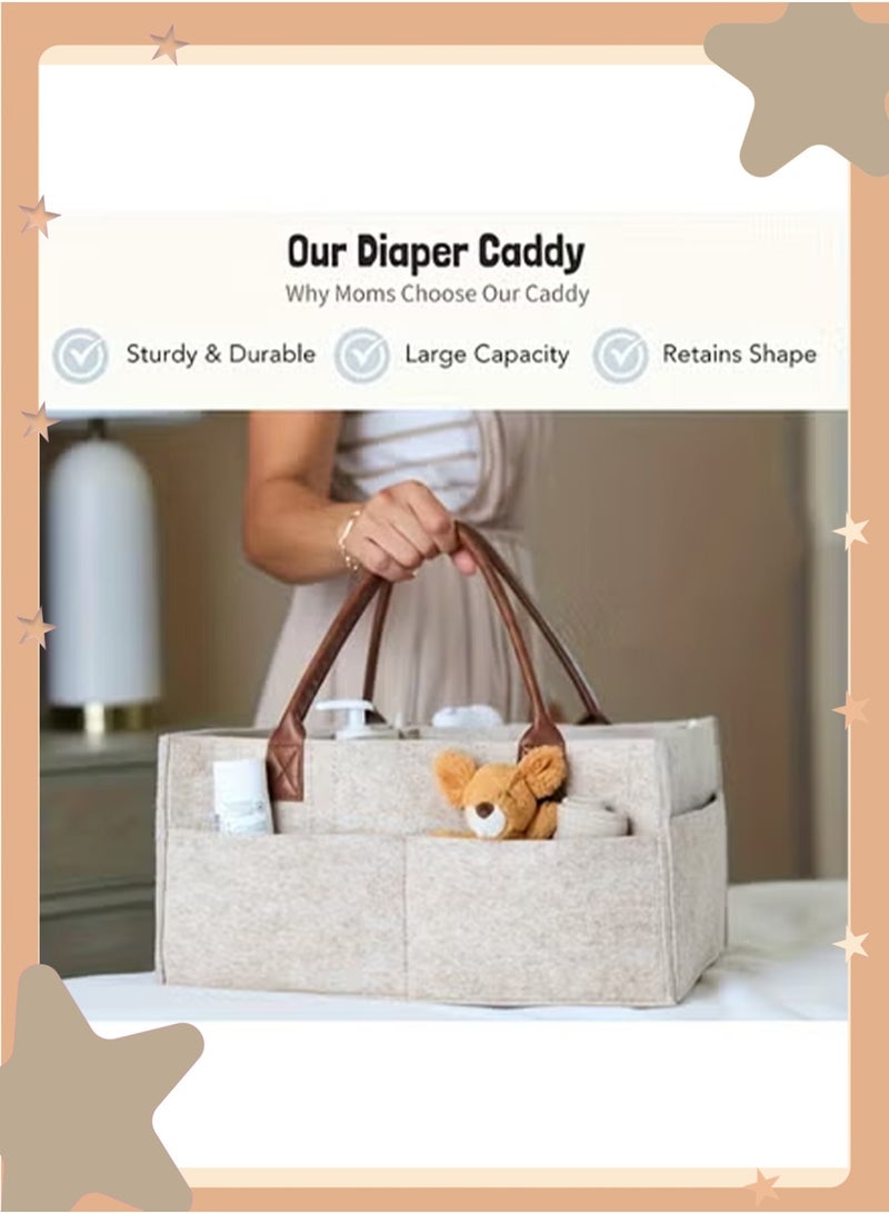 insular Large Capacity Felt Diaper Bag, 38×25×18cm Foldable Mommy Bag with Compartment Dividers, Thick Felt Baby Storage Organizer for Travel, Nursery & Daily Outings (Khaki） - Image 4
