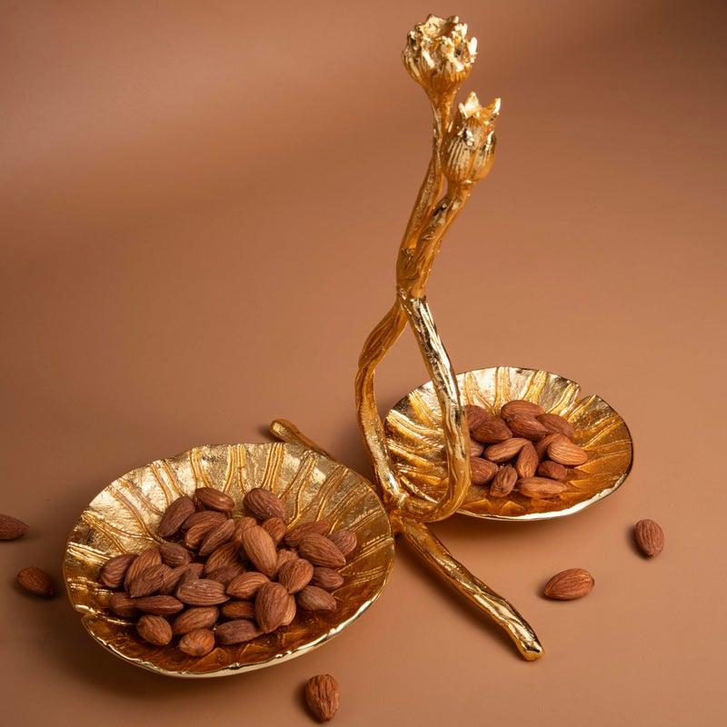 GIBOX 2 in 1 Gold Plated Lotus Design Textured Enamel Finish Dryfruit & Multipurpose Serving Tray with Handle for Gifting with Premium Box, Home Decor, Festive Decor & Giftings - Image 2