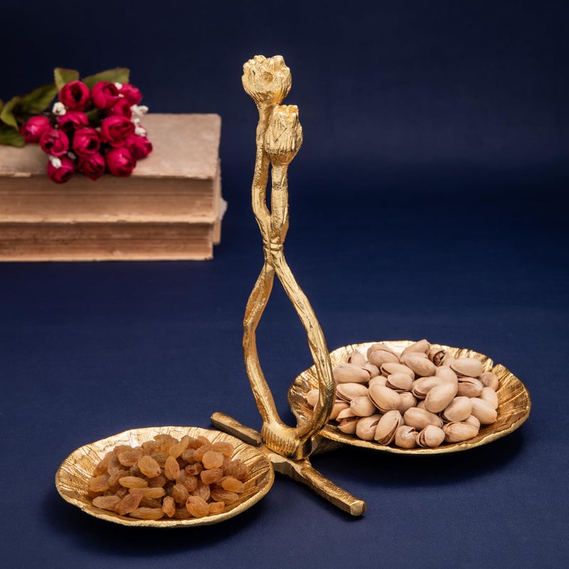 GIBOX 2 in 1 Gold Plated Lotus Design Textured Enamel Finish Dryfruit & Multipurpose Serving Tray with Handle for Gifting with Premium Box, Home Decor, Festive Decor & Giftings - Image 4