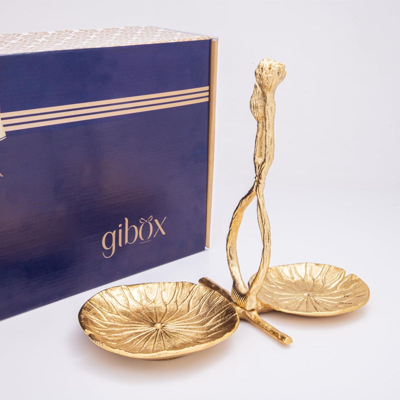 GIBOX 2 in 1 Gold Plated Lotus Design Textured Enamel Finish Dryfruit & Multipurpose Serving Tray with Handle for Gifting with Premium Box, Home Decor, Festive Decor & Giftings - Image 1