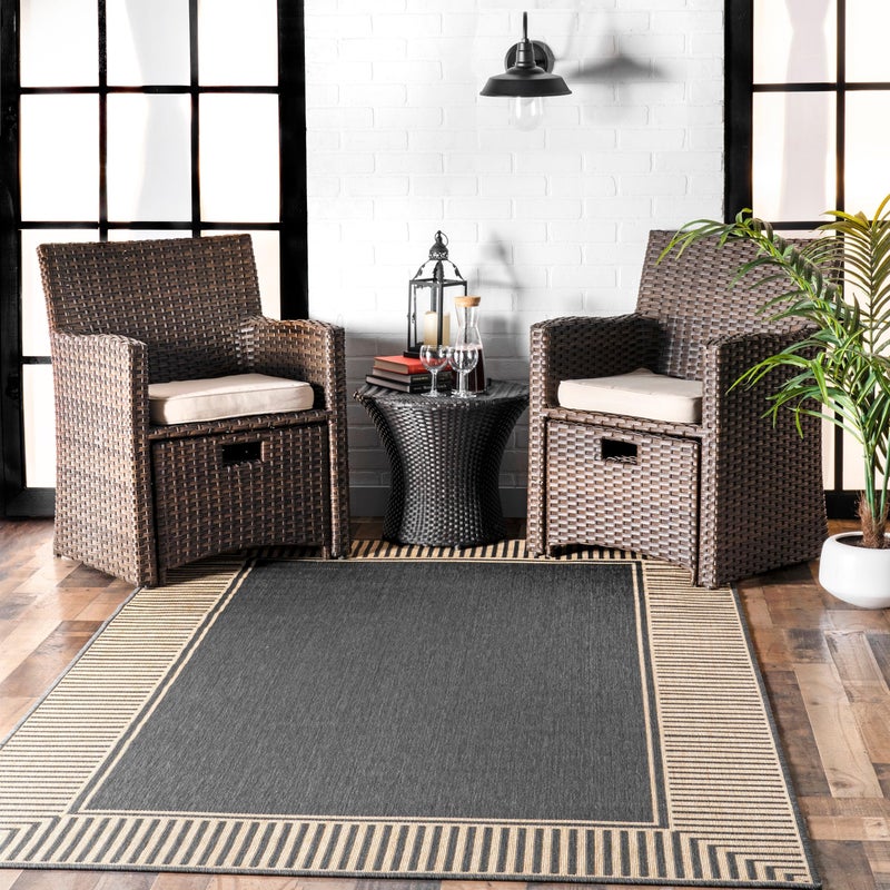 nuLOOM 6 7 x 9 Outdoor Area Rug Casual Design With Striped Border Stain Resistant Highly Durable For Patio Balcony Bedroom Living Room Dining Room Bathroom Dark Grey