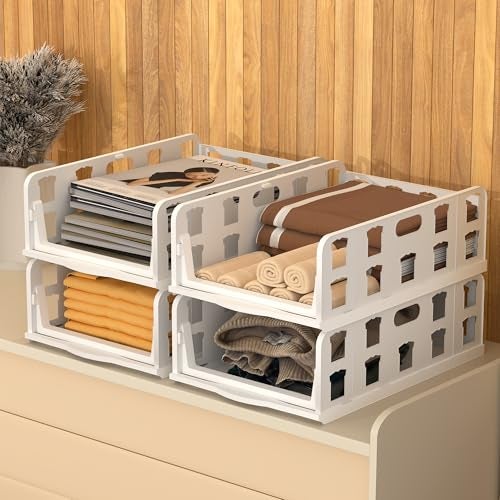 RUBOXA 4 Pcs Set Foldable Tshirt & Jeans Dress Storage Organizer | Slide Out Clothes Wardrobe Organizer | Cloth Organiser for Almirah, Cupboard & Drawer Box Closet | White - Image 1