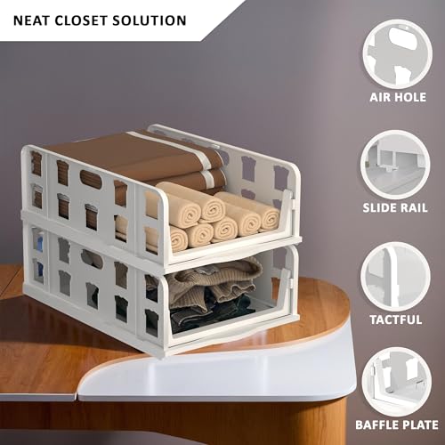 RUBOXA 4 Pcs Set Foldable Tshirt & Jeans Dress Storage Organizer | Slide Out Clothes Wardrobe Organizer | Cloth Organiser for Almirah, Cupboard & Drawer Box Closet | White - Image 4