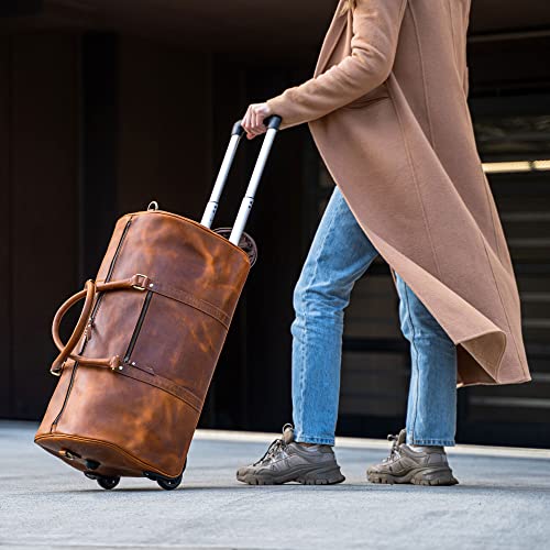 KomalC Leather Rolling Travel Duffle Bag for Men Women 21 inch with wheels Sports Overnight Weekend Duffel Gym Cabin Holdall with wheels for easy carry - Image 2