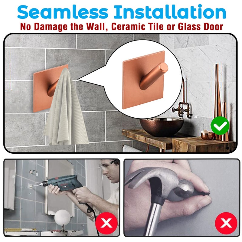 DOCOSS خطاطيف دوكوس من الفولاذ المقاوم للصدأ باللون الوردي الذهبي ذاتية اللصق للاستخدام الثقيل لتعليق المناشف وملابس الحائط، حزمة من 4 - Image 2