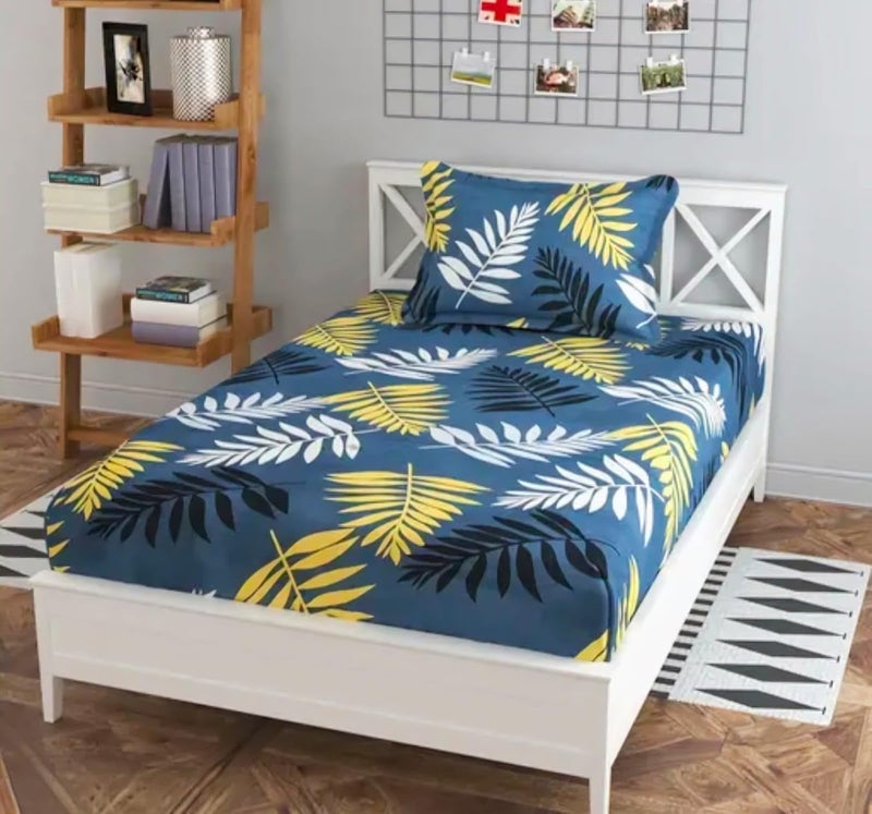 Tropical Leaf Print Single Bedsheet with Pillow Cover Blue and Yellow Palm Pattern White Frame Bed  - Image 3