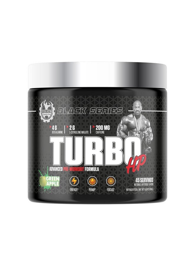 DEXTER JACKSON ديكستر جاكسون بلاك سيريز تيربو إتش بي أدفانس تركيبة ما قبل التمرين | نكهة التفاح الأخضر | 45 حصة، 450 جرام - Image 1