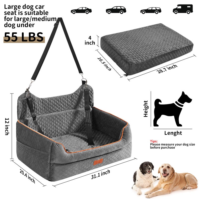 EUHAMS Dog Car Seat for Large/Medium Dogs - Memory Foam Dog Booster Seat for Under 55Lbs or 2 Small Dogs-Detachable and Washable Travel Bed with Thick Cushion and Storage Pockets-Grey - Image 2
