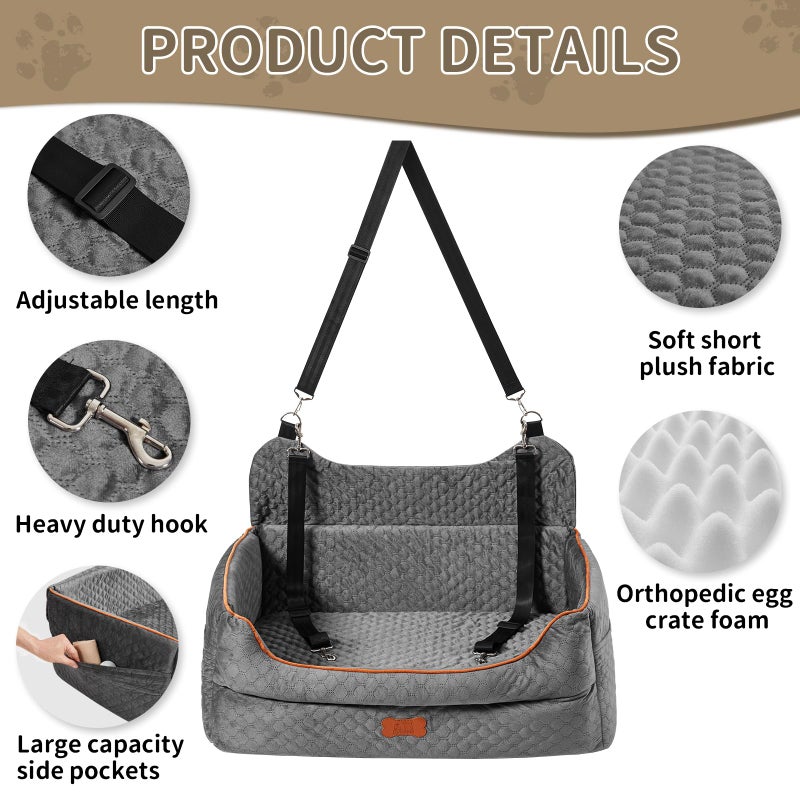 EUHAMS Dog Car Seat for Large/Medium Dogs - Memory Foam Dog Booster Seat for Under 55Lbs or 2 Small Dogs-Detachable and Washable Travel Bed with Thick Cushion and Storage Pockets-Grey - Image 5