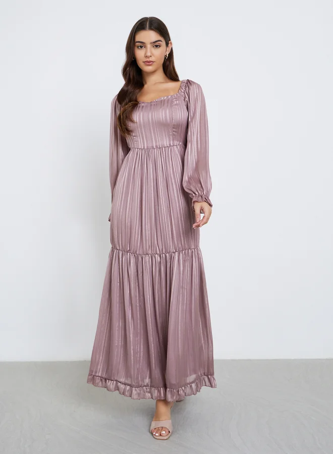 Styli Purple Balloon Sleeve Tiered Maxi Dress