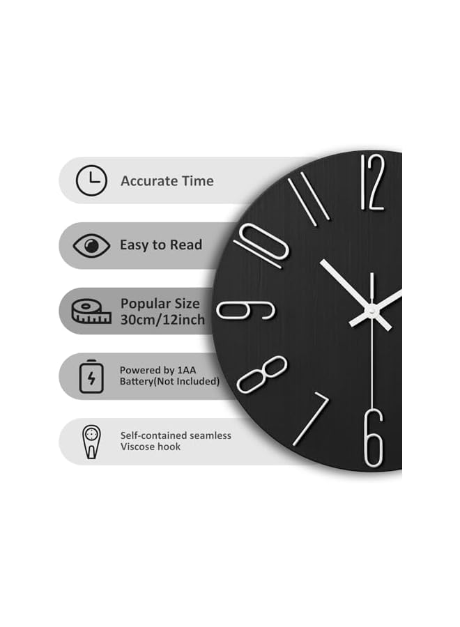 The Bros Wall Clock, 12 Inch Silent Non Ticking Battery Operated Modern Wall Clocks, Wooden Clock for Bedrrom, Kitchen, Living Room, School Office Home Decor (Black) - Image 3