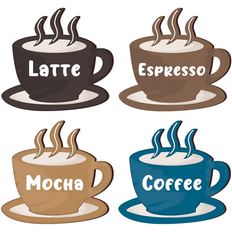 Blulu Blulu 4 Pieces Coffee Wooden Wall Art Decor Wooden Coffee Cup Signs Espresso Latte Mocha  Rustic Farmhouse and Vintage Cafe Wall Decor 