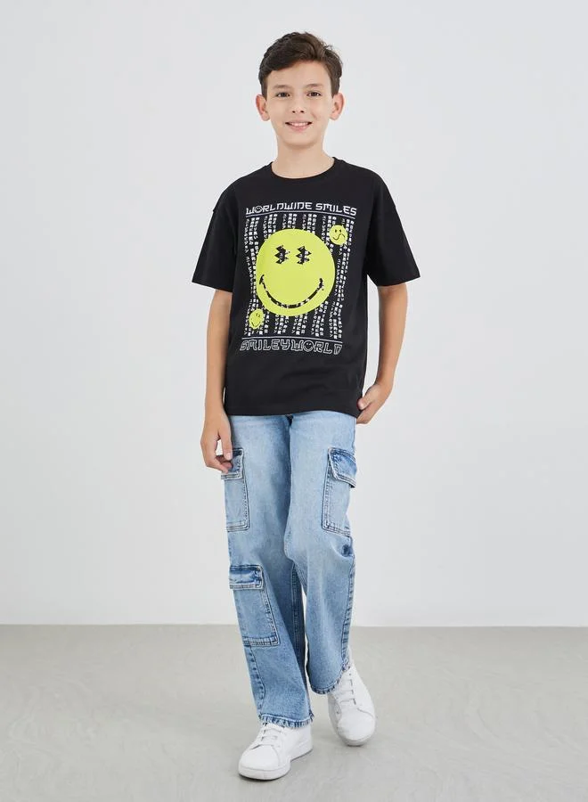 ستايلي Styli Boys Black Emoji Print Oversized T-Shirt
