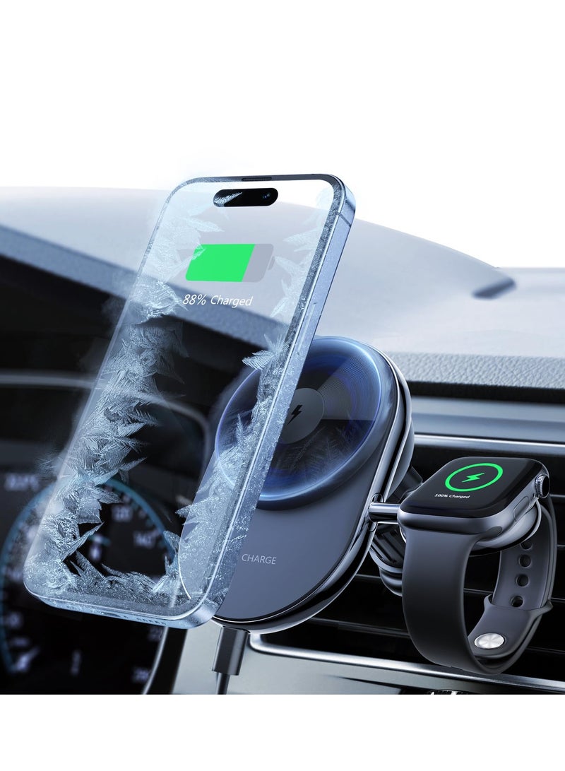 شاحن سيارة لاسلكي بتقنية التبريد المغناطيسي للثلج، 2 في 1 لجهاز iPhone 15 Pro Max وساعة iWatch 9، متوافق مع سلسلة iPhone 15/14/13/12، محطة شحن ساعة قابلة للفصل - Image 1