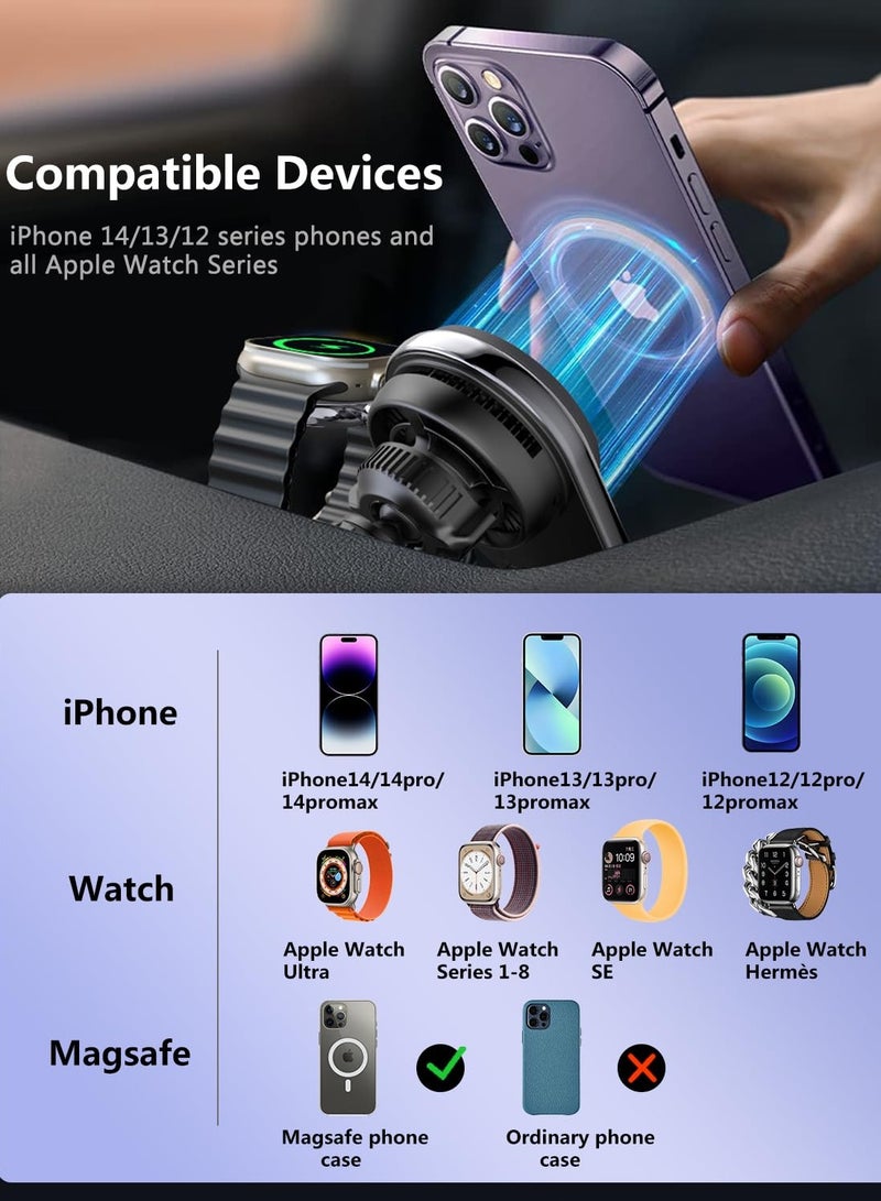 شاحن سيارة لاسلكي بتقنية التبريد المغناطيسي للثلج، 2 في 1 لجهاز iPhone 15 Pro Max وساعة iWatch 9، متوافق مع سلسلة iPhone 15/14/13/12، محطة شحن ساعة قابلة للفصل - Image 5