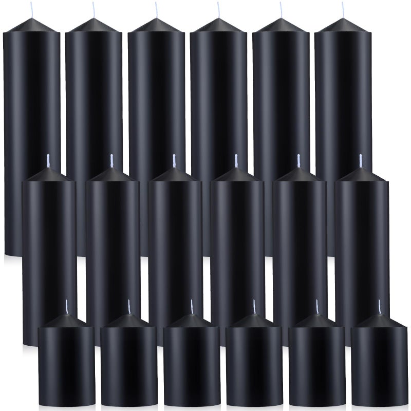 MTLEE 18 Pcs Set of 3 Pillar Candles Bulk 2 in x 3 6 8 Long Burning Clean Unscented Smokeless Pillar Candles for Wedding Emergency Lanterns Ceremony PartyBlack
