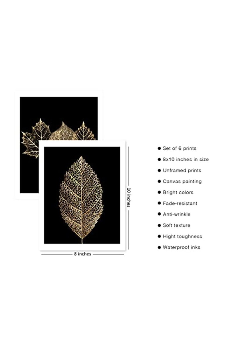 HoozGee Gold Leaf Art Prints Modern Black Gold Botanical Tropical Plant Leaves Art Wall Pictures Canvas Prints Gallery Wall Art Poster Wall Decor Bedroom Room Home Decor (8"x10" UNFRAMED) - Image 4