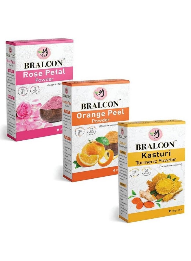 BRALCON Rose Petals, Orange, Kasturi Haldi Powder Combo for Face Beauty, Brightening & Glowing Skin | Pack of 3 | 300gm - Image 1
