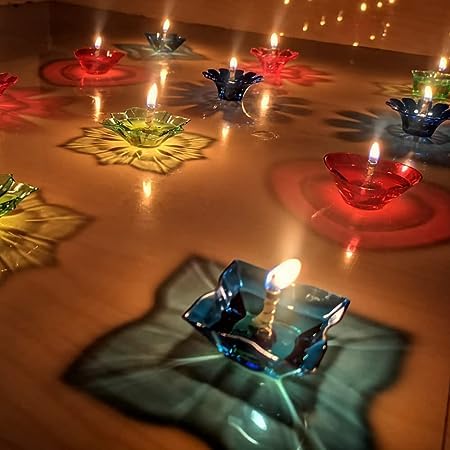 LEMBOSE Reflected Shadow Floating Transparent Diwali Diya Set Lantern Candle Panti Oil Lamps for Diwali Puja Room Decoration Item Gift Plastic Diya Set of 12 (Multi Design Shape) - Image 1