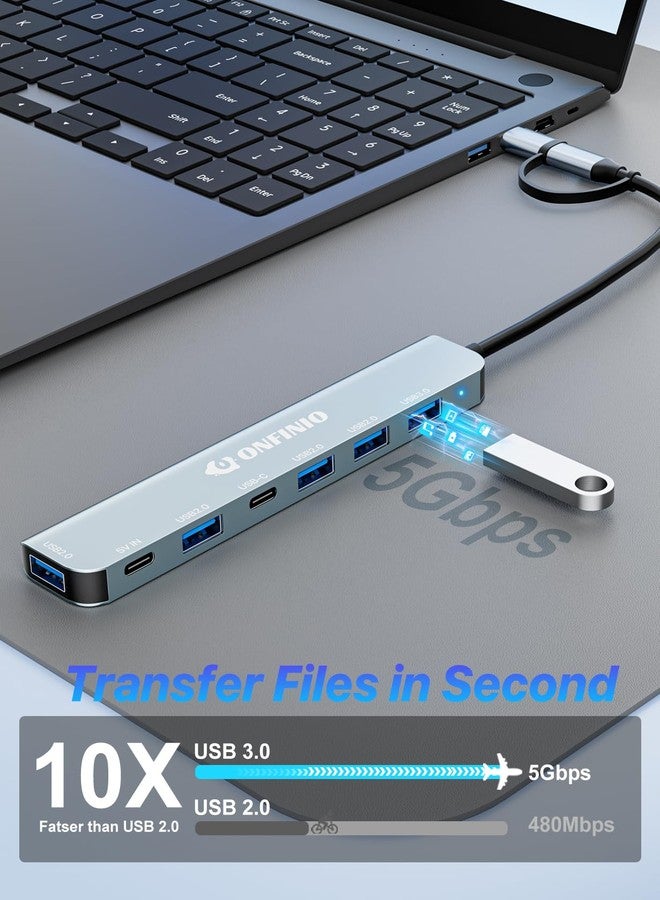 ONFINIO USB C/USB Hub Multiport Adapter,7 in 1 Aluminum USB 3.0 Hub with 1 *USB 3.0, 4*USB 2.0,1*USB C and 1 * 5IN Power Port for PC/Laptop/MacBook/iPad Pro and More Devices - Image 3