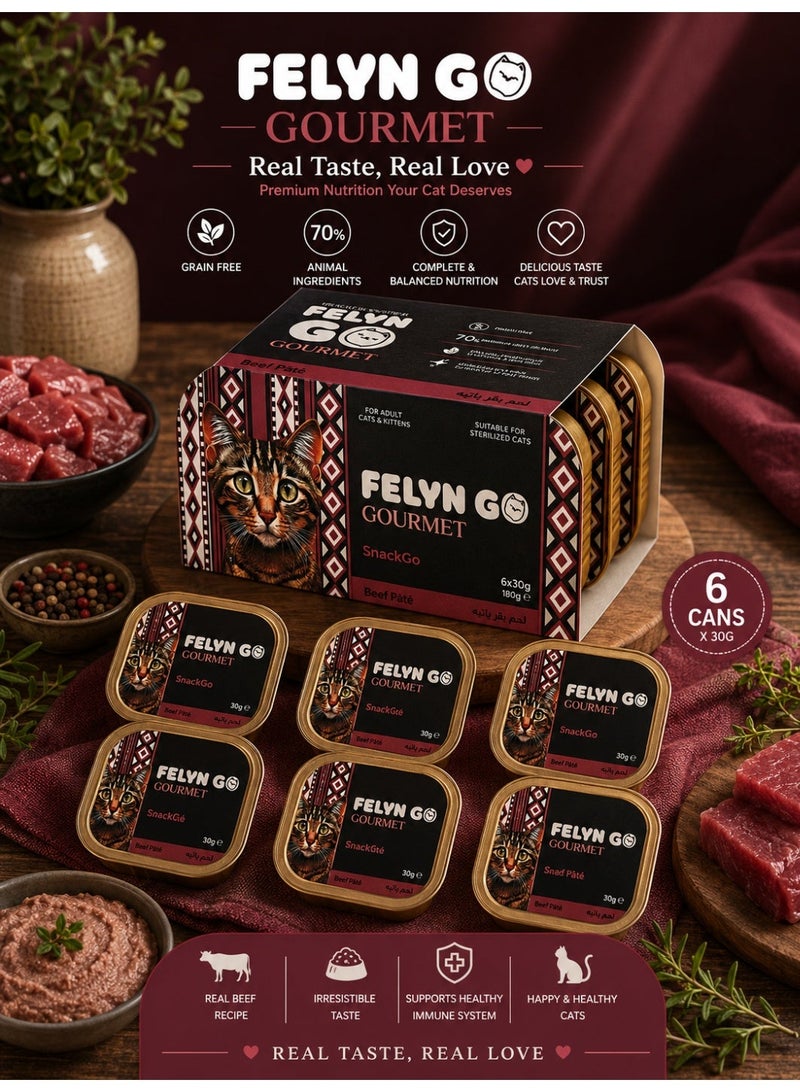 Felyn GO Beef Pâté for Adult Cats & Kittens – 6 Pack Wet Cat Food – Grain Free Premium Beef Pâté – Complete & Balanced Nutrition (30g × 6) - Image 1