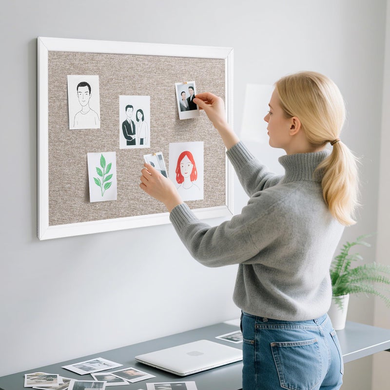 VUSIGN Linen Bulletin Board, 30'' x 20'' Large White Cork Board Decorations, Wall Mounted White Framed Cork Boards, Fabric Pin Boards for Walls with 10 Pushpins for Home, School, Office - Image 2