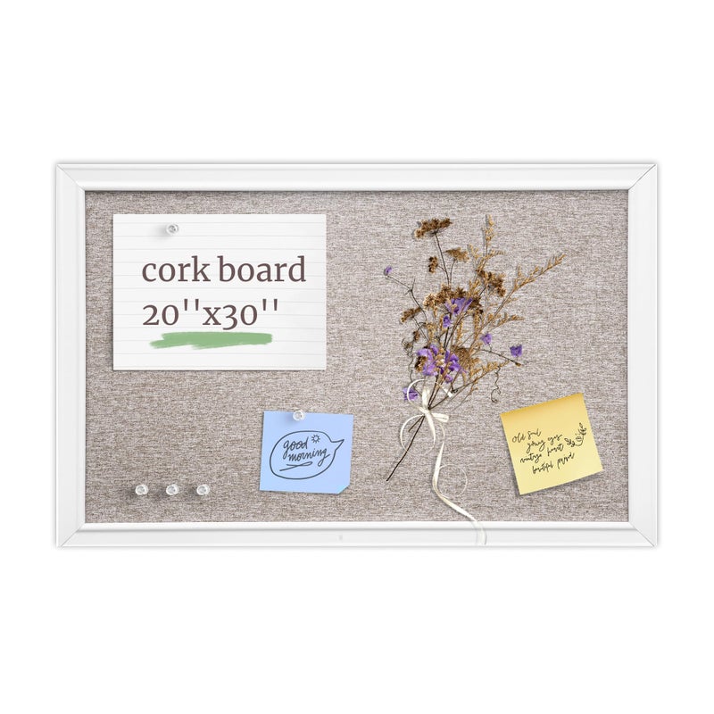 VUSIGN Linen Bulletin Board, 30'' x 20'' Large White Cork Board Decorations, Wall Mounted White Framed Cork Boards, Fabric Pin Boards for Walls with 10 Pushpins for Home, School, Office - Image 1