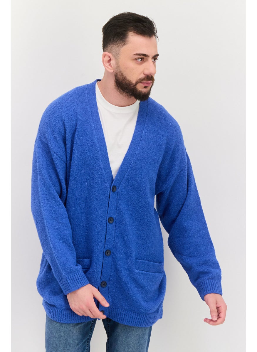 ESPRIT Men V-Neck Knitted Long Sleeves Cardigan, Royal Blue  - Image 1