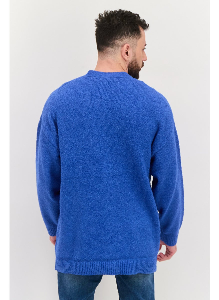 ESPRIT Men V-Neck Knitted Long Sleeves Cardigan, Royal Blue  - Image 2
