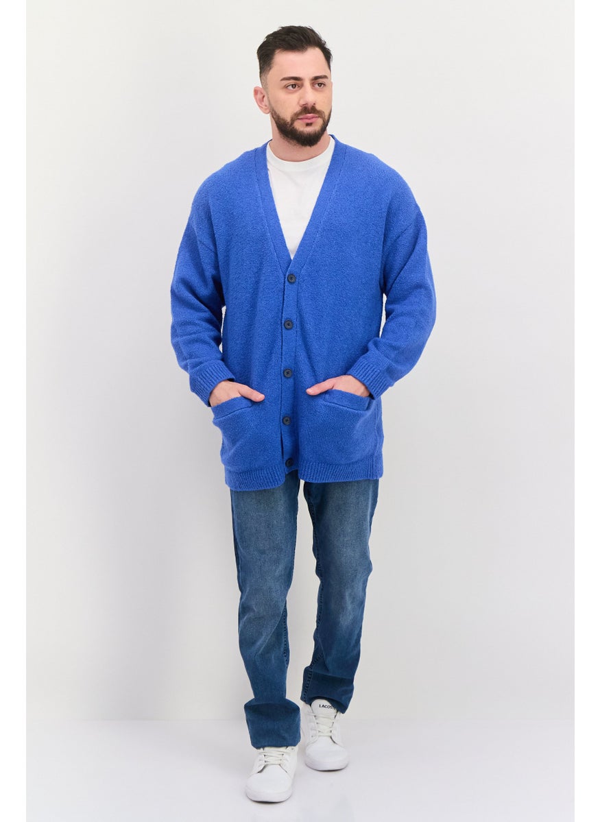 ESPRIT Men V-Neck Knitted Long Sleeves Cardigan, Royal Blue  - Image 3