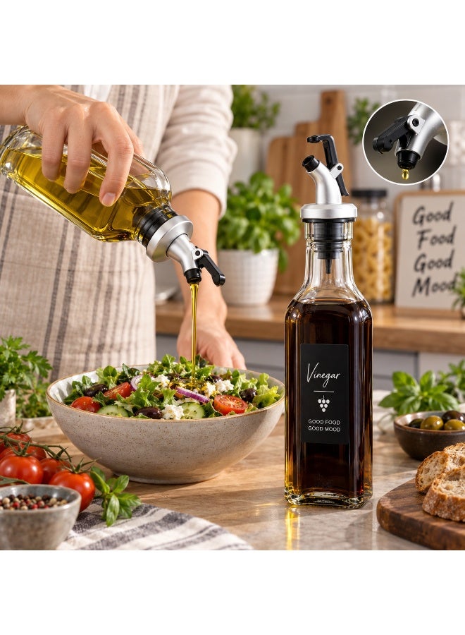 Shengya Glass Oil and Vinegar Dispenser Set – 2 pieces, 26 cm tall, featuring a precision pouring spout with a press mechanism and a tight silicone seal – Clear/Silver and Black. - Image 1