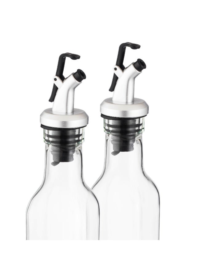 Shengya Glass Oil and Vinegar Dispenser Set – 2 pieces, 26 cm tall, featuring a precision pouring spout with a press mechanism and a tight silicone seal – Clear/Silver and Black. - Image 3