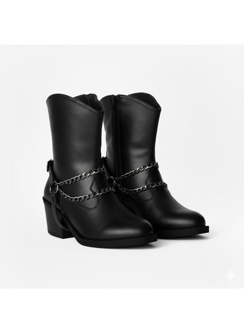 أحذية كاحل جلد باكسسوارات وسوسته  - G-32 - اسود