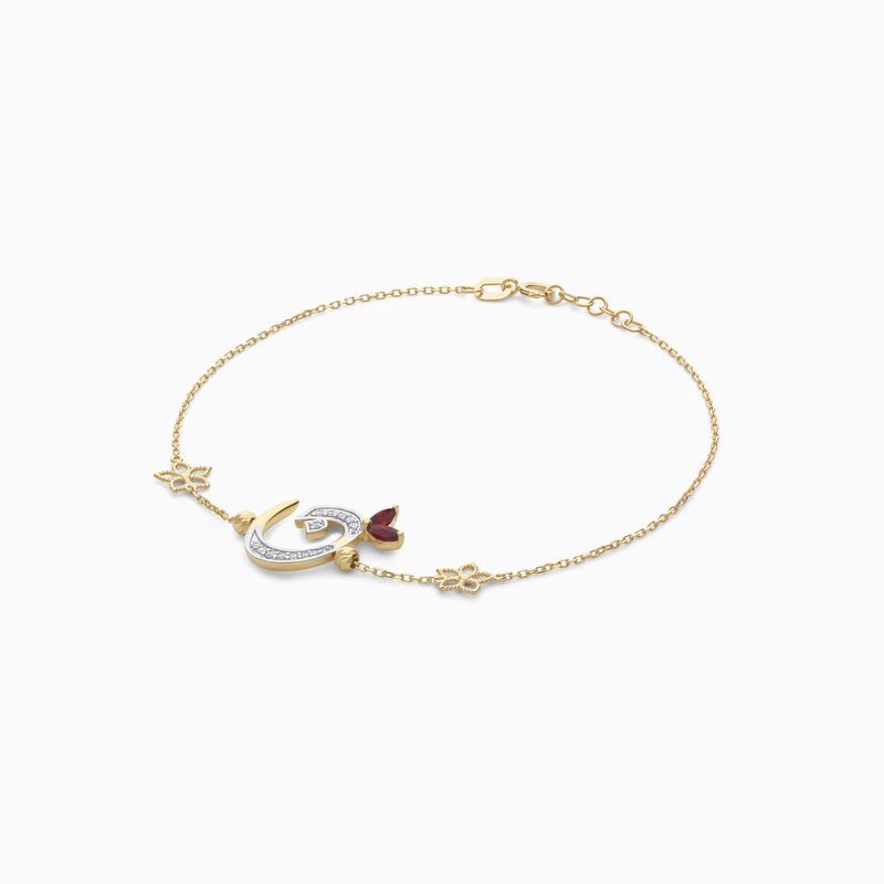 Jawhara Jewellery سوار من الذهب الأصفر عيار 18 للنساء، حرف عربي "نون" بخط جميل مع ألماس طبيعي وأحجار غارنيت حمراء، مجموعة هروفى للمجوهرات الفاخرة، هدية أنيقة من مجوهرات جوهرة - Image 4