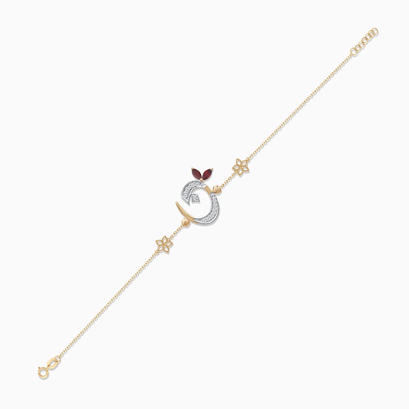 Jawhara Jewellery سوار من الذهب الأصفر عيار 18 للنساء، حرف عربي "نون" بخط جميل مع ألماس طبيعي وأحجار غارنيت حمراء، مجموعة هروفى للمجوهرات الفاخرة، هدية أنيقة من مجوهرات جوهرة - Image 3