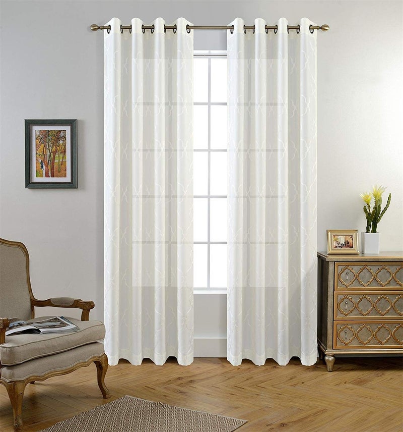 MIUCO Moroccan Embroidered Semi Sheer Curtains Faux Linen Grommet Window Curtains for Bedroom Living Room 84 Inches Long 2 Panels, Pure White - Image 2