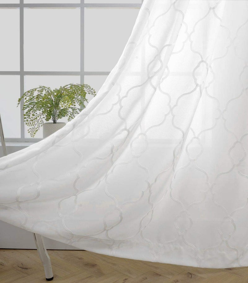 MIUCO Moroccan Embroidered Semi Sheer Curtains Faux Linen Grommet Window Curtains for Bedroom Living Room 84 Inches Long 2 Panels, Pure White - Image 1