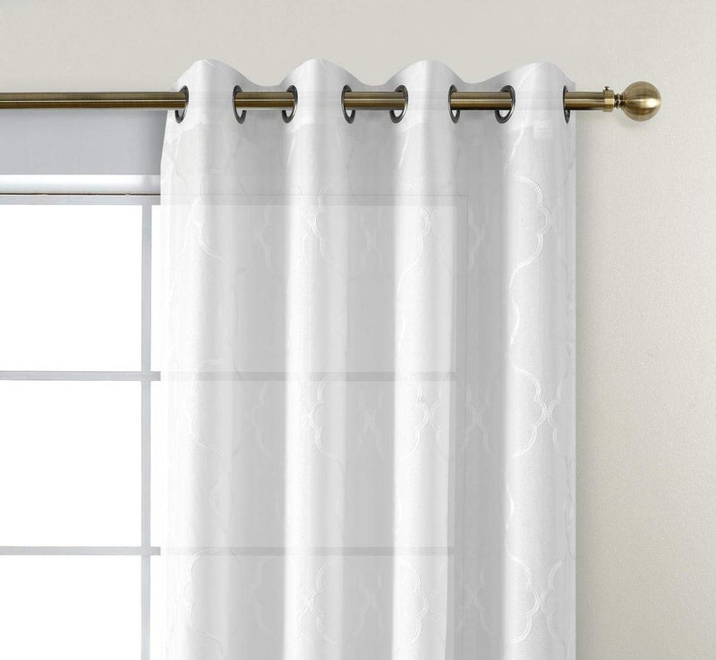 MIUCO Moroccan Embroidered Semi Sheer Curtains Faux Linen Grommet Window Curtains for Bedroom Living Room 84 Inches Long 2 Panels, Pure White - Image 3