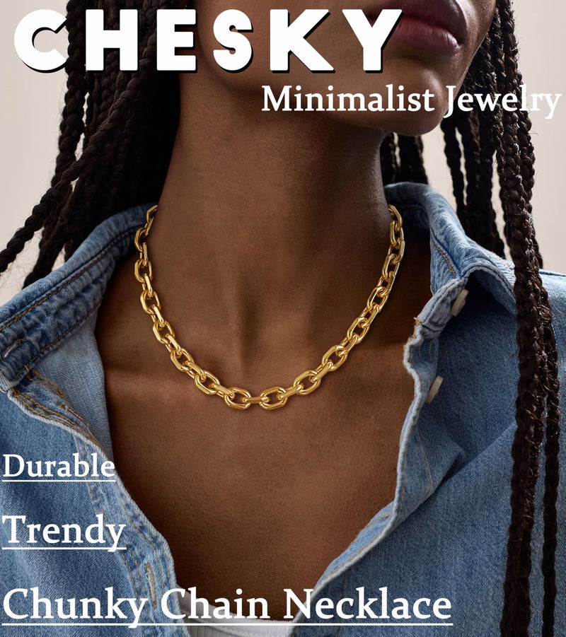 CHESKY 14K Gold Plated Chunky Necklace for Women, Trendy Non Tarnish Paperclip Chain Necklace Waterproof Statement Choker Necklace Fashion Chunky Jewelry for Women - Image 5