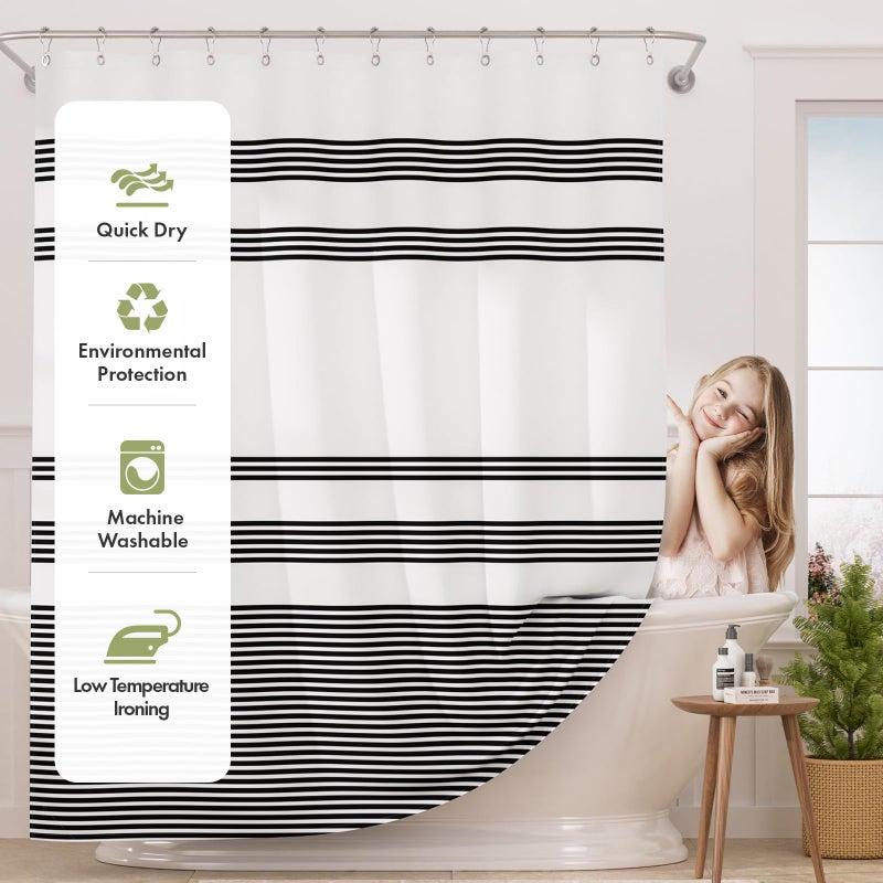 AmazerBath Shower Curtain, Washable Cloth Black Shower Curtain Sets with 12 Shower Curtain Hooks, Fabric Rustic Black and White Striped Curtain, Farmhouse Bathroom Curtains, 72x72 Inches - Image 3