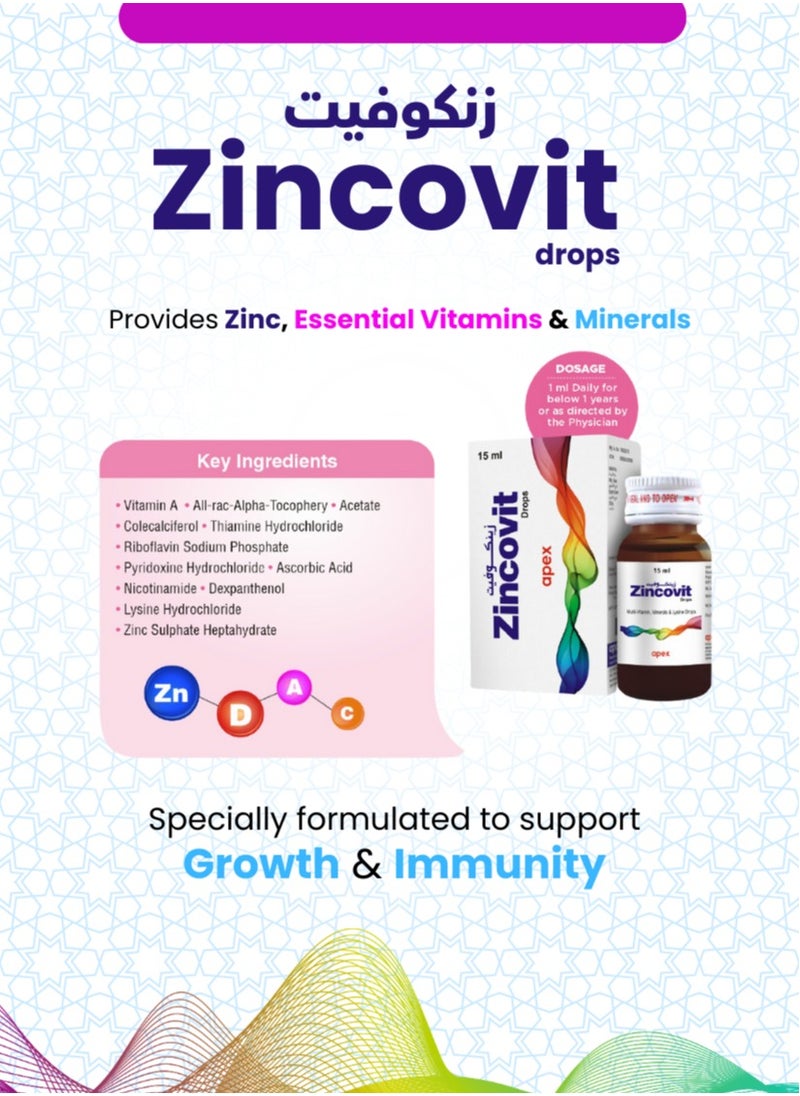 APEX - Zincovit Drops 15 ml - Multivitamin and Mineral Supplement for Infants with Essential Vitamins A, C, D, E & Lysine for Healthy Growth & Development - Image 1