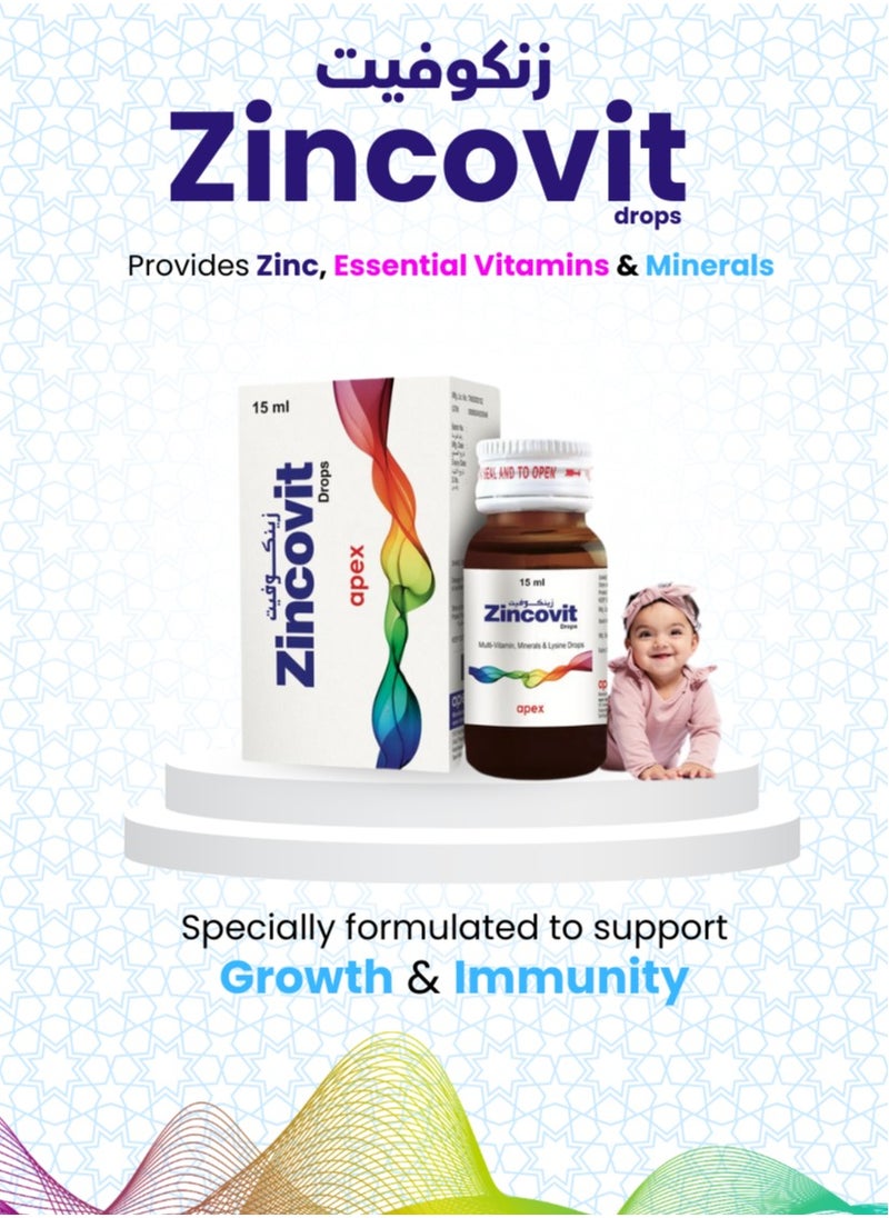 APEX - Zincovit Drops 15 ml - Multivitamin and Mineral Supplement for Infants with Essential Vitamins A, C, D, E & Lysine for Healthy Growth & Development - Image 1