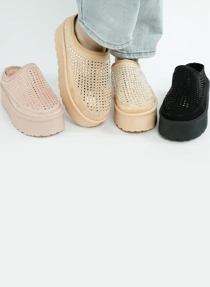 London Rag Black Rhinestones Embellished Platform Classic Slip-On