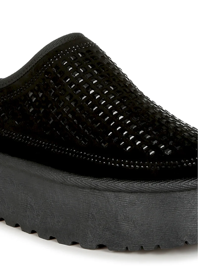 London Rag Black Rhinestones Embellished Platform Classic Slip-On