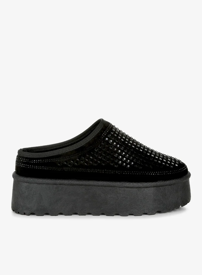 Black Rhinestones Embellished Platform Classic Slip-On